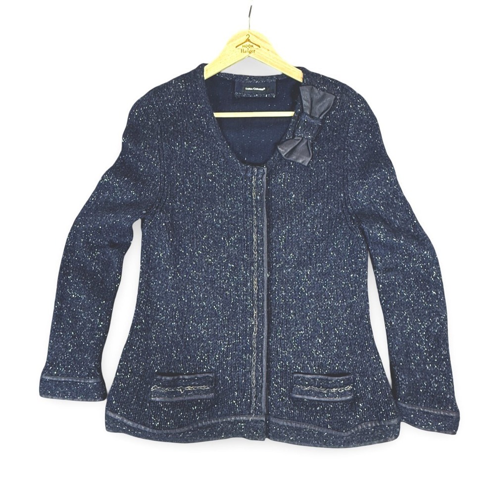 Luisa Cerano Sweater Jacket Women S Navy Blue Wool Mohair Quiet Luxury Bow Trim